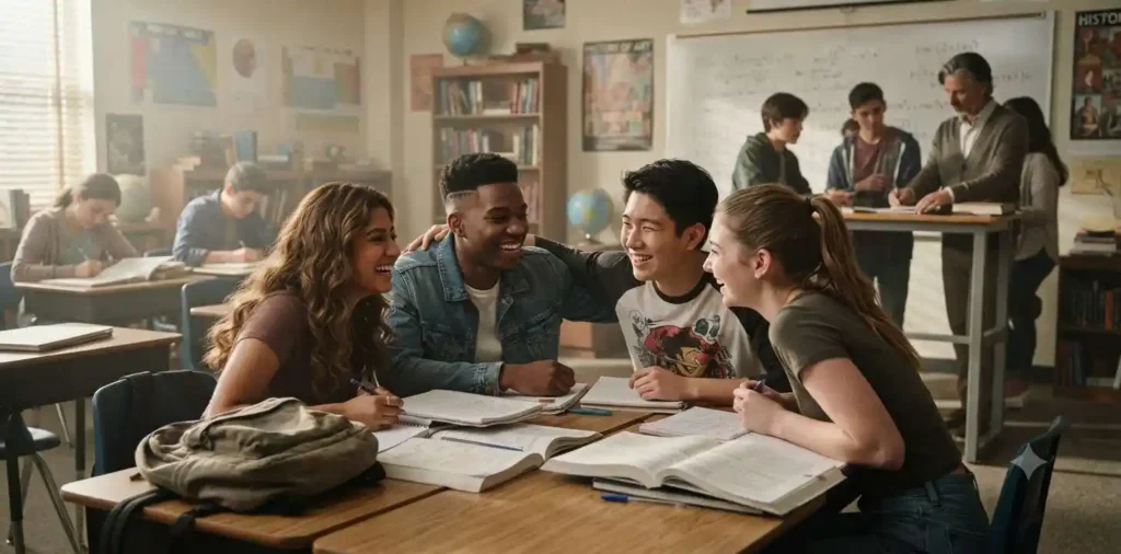 Students laughing inside a classroom
