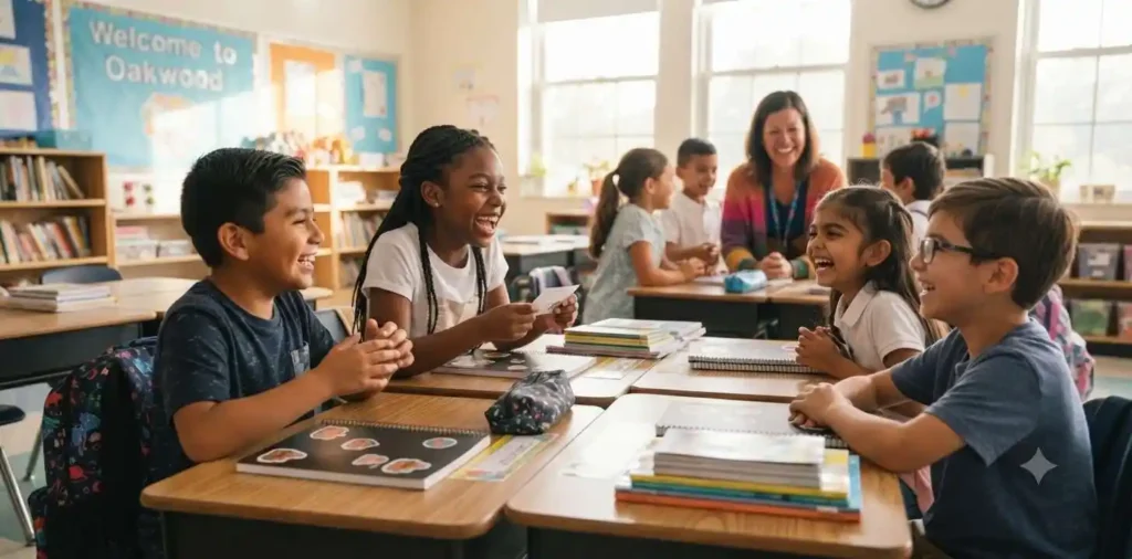 Students smiling together inside bright classroom