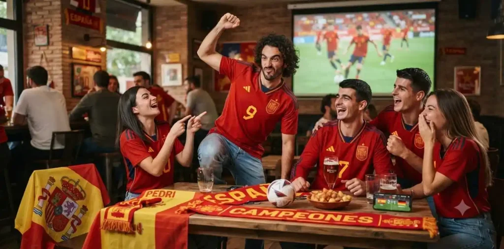 Friends laughing while cheering for Spain