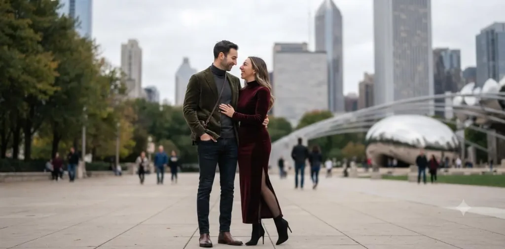 Couple walking together in Millennium Park