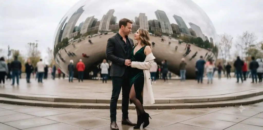 Couple posing at Cloud Gate together