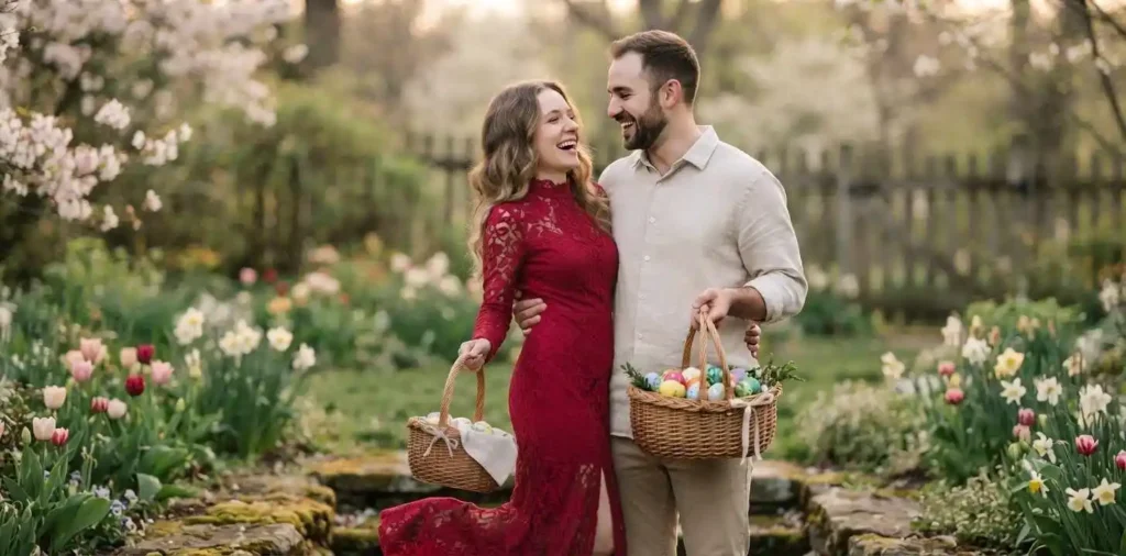 Couple holding Easter baskets together