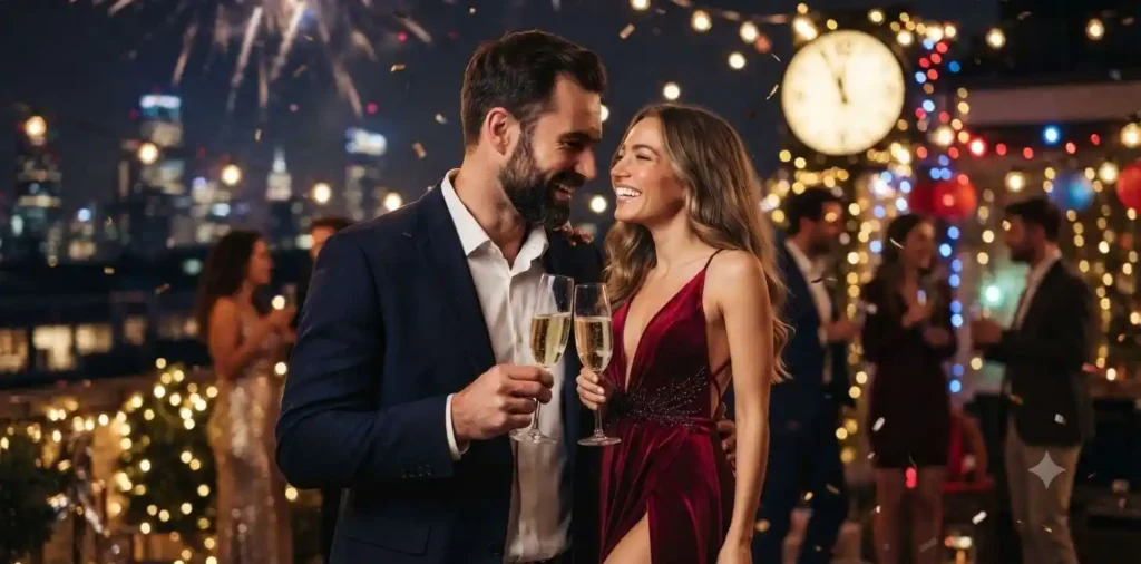 Couple celebrating New Year with champagne