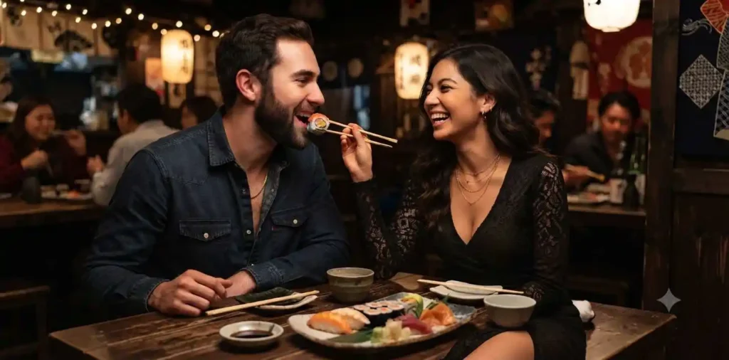 Couple sharing sushi during a cozy dinner