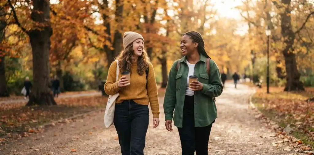 Two cousins laughing during a walk in the park