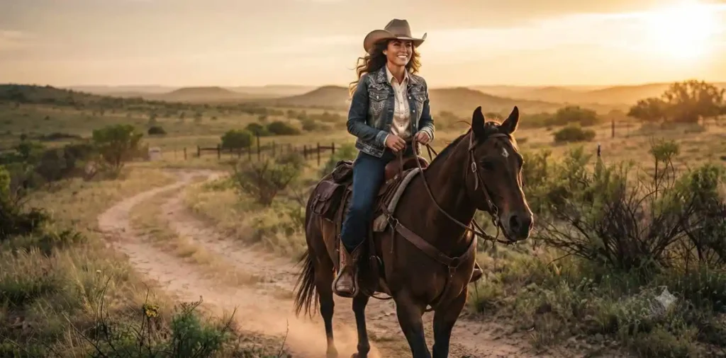 Cowboy riding horse through dusty ranch trail