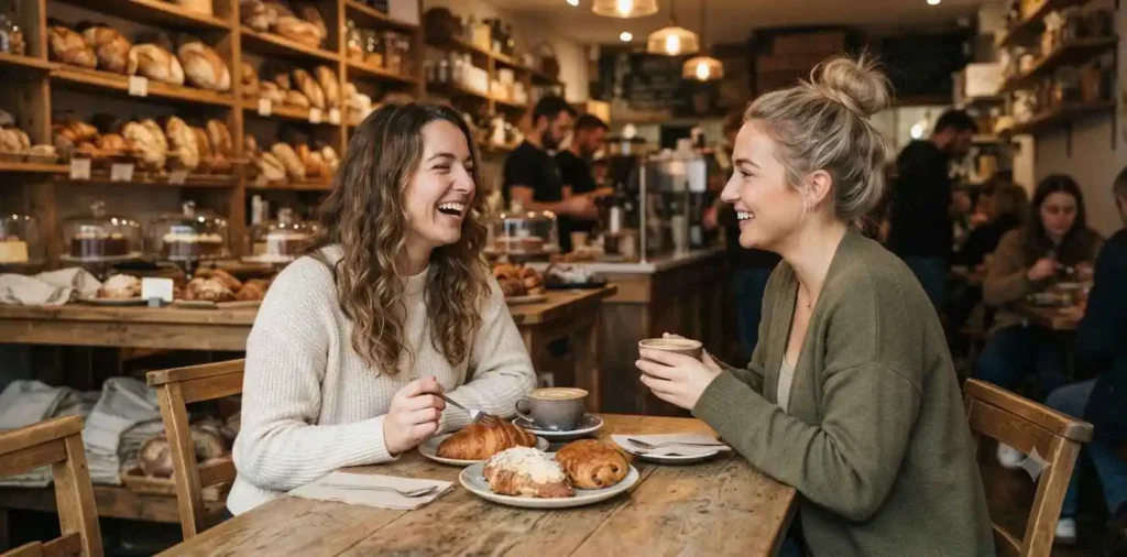 Friends enjoying pastries inside a bakery