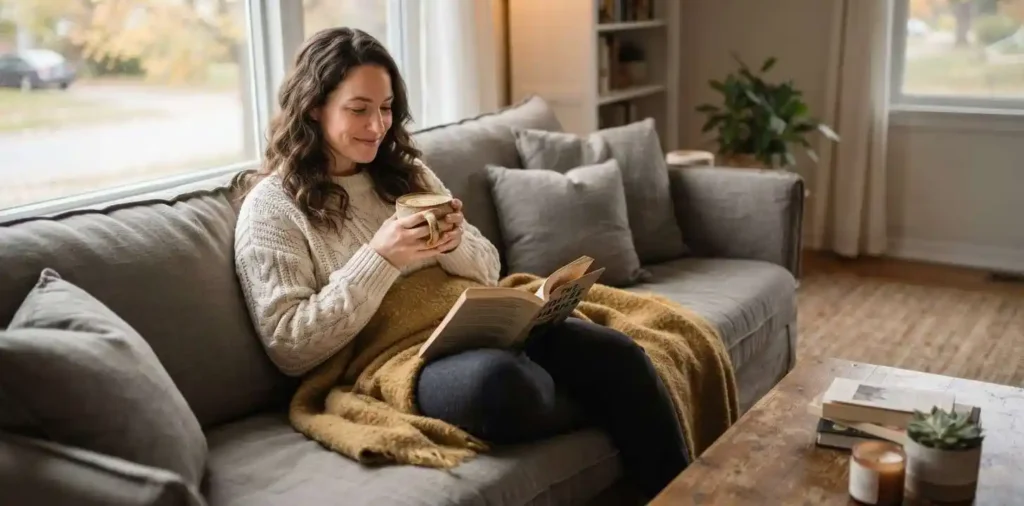 Woman relaxing with coffee by a rainy window