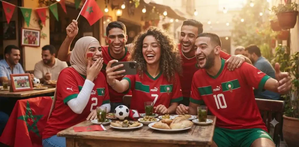 Friends cheering in Morocco football jerseys