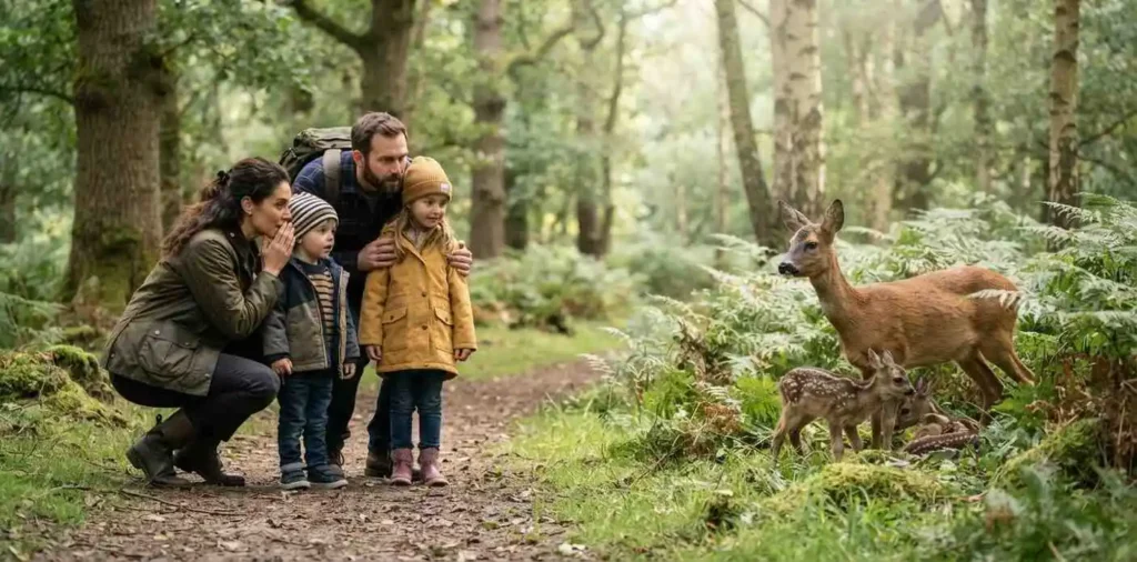Family observing deer with fawns in a meadow