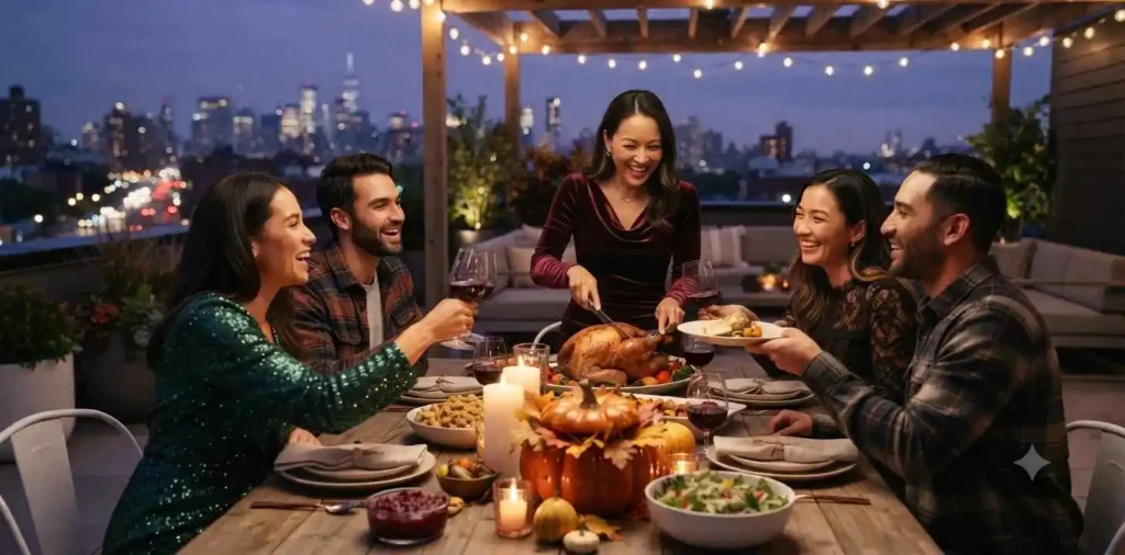 Friends sharing Thanksgiving dinner together