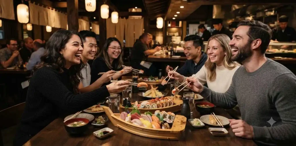 Friends enjoying sushi dinner together