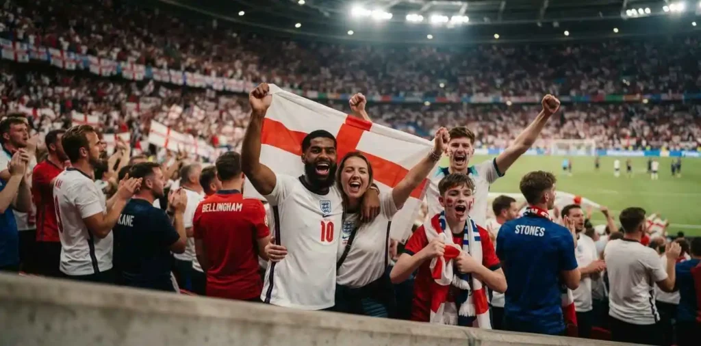 England supporters cheering with flags in stadium