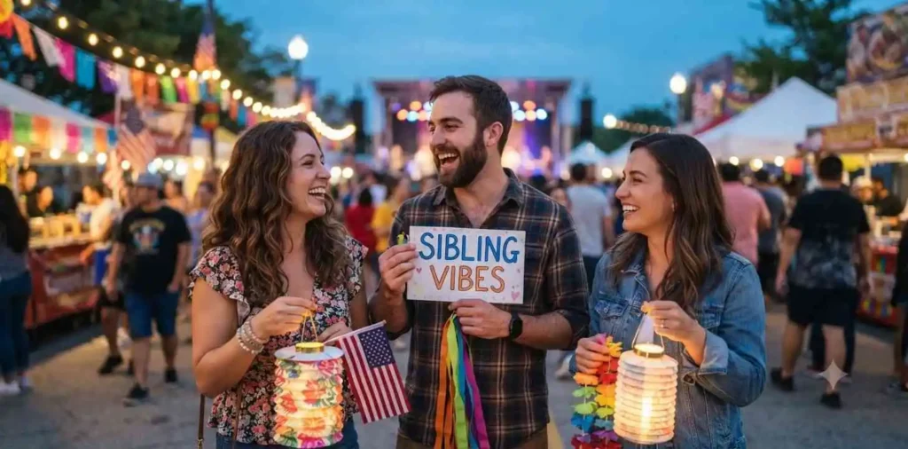 Siblings celebrating a colorful festival outdoors