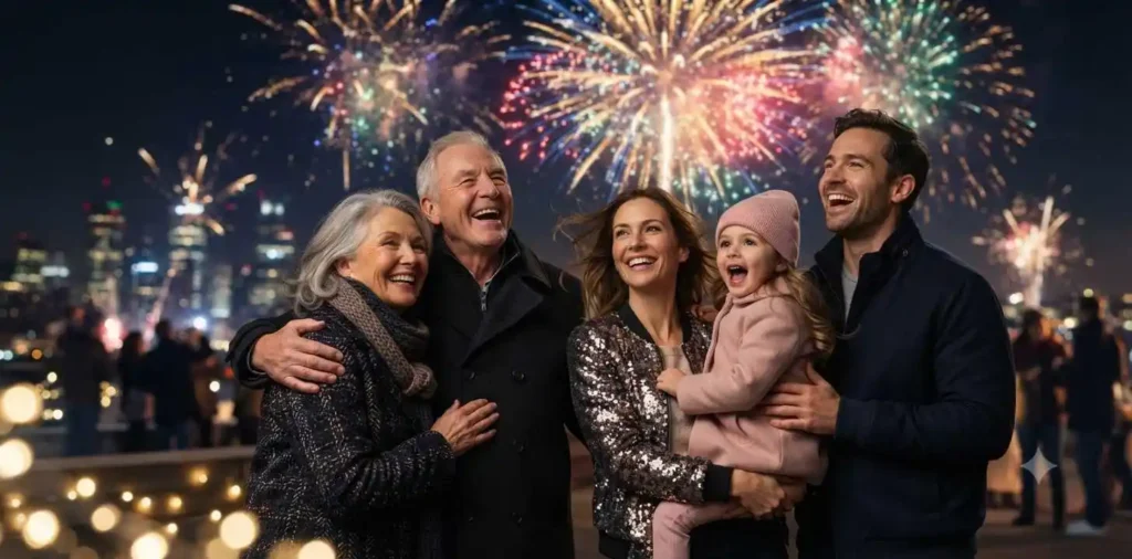 Family watching fireworks over the city