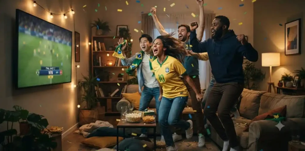 Friends celebrating football victory at home
