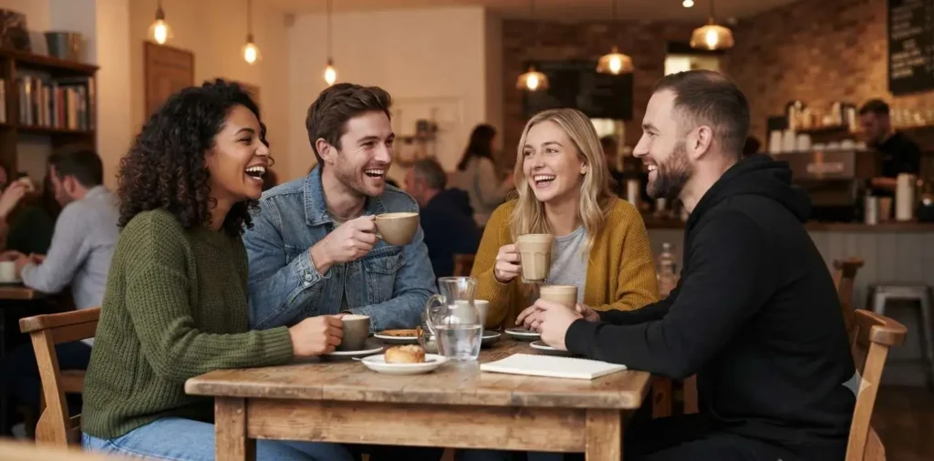 Friends laughing together at a café