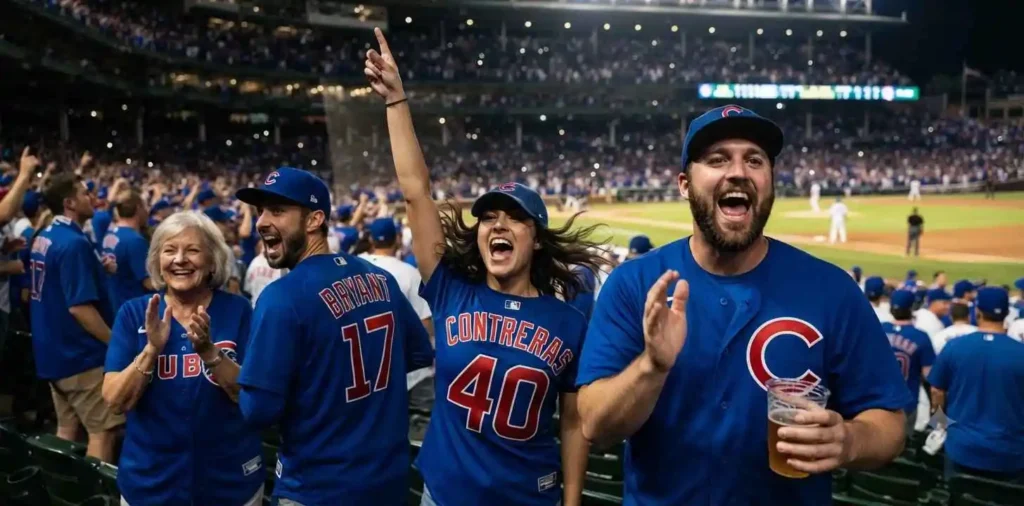 Chicago Cubs fans cheering during the game