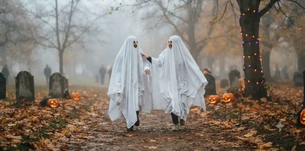 Friends dressed as playful ghosts outdoors