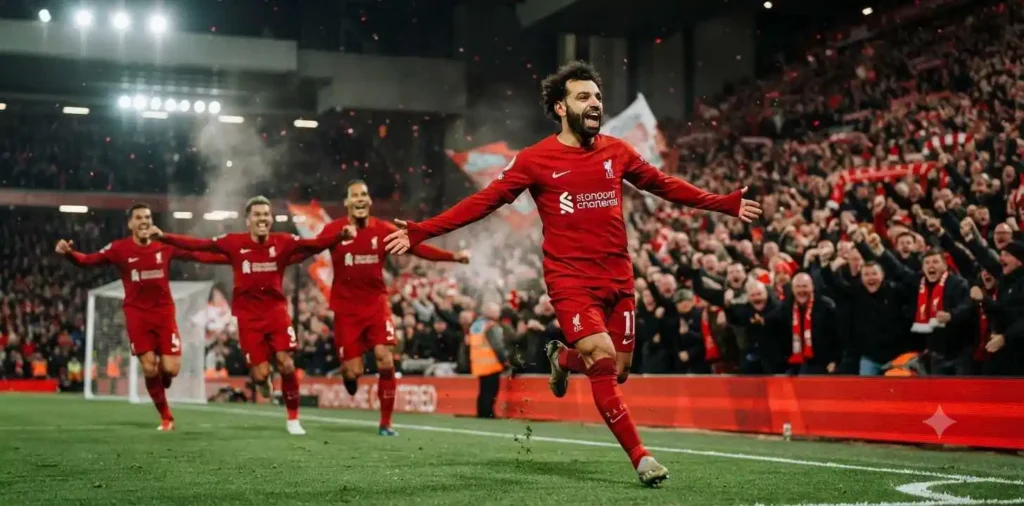 Football player celebrating a goal with teammates