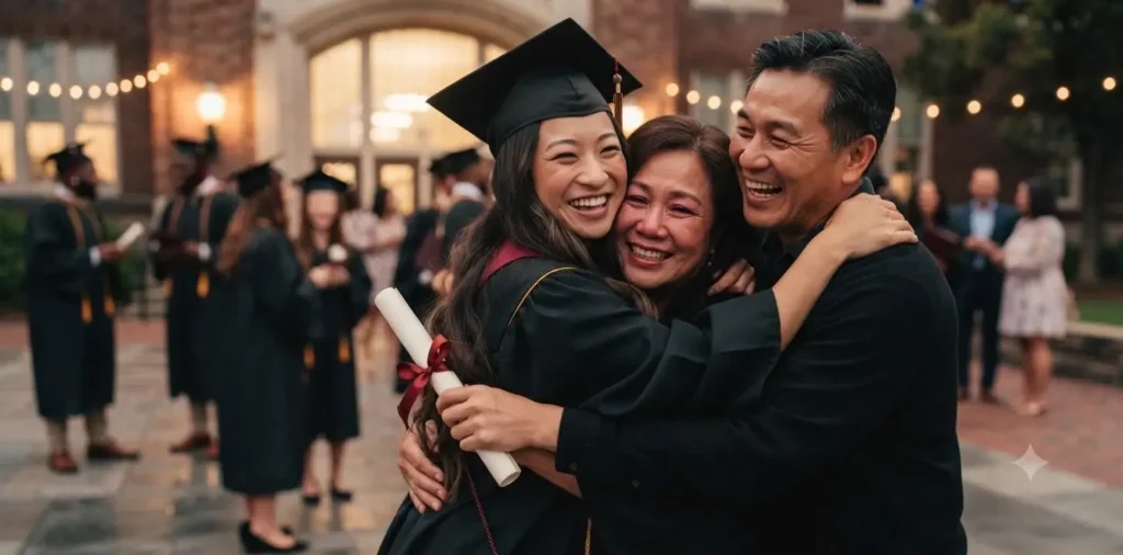 Family hugging a graduate after ceremony