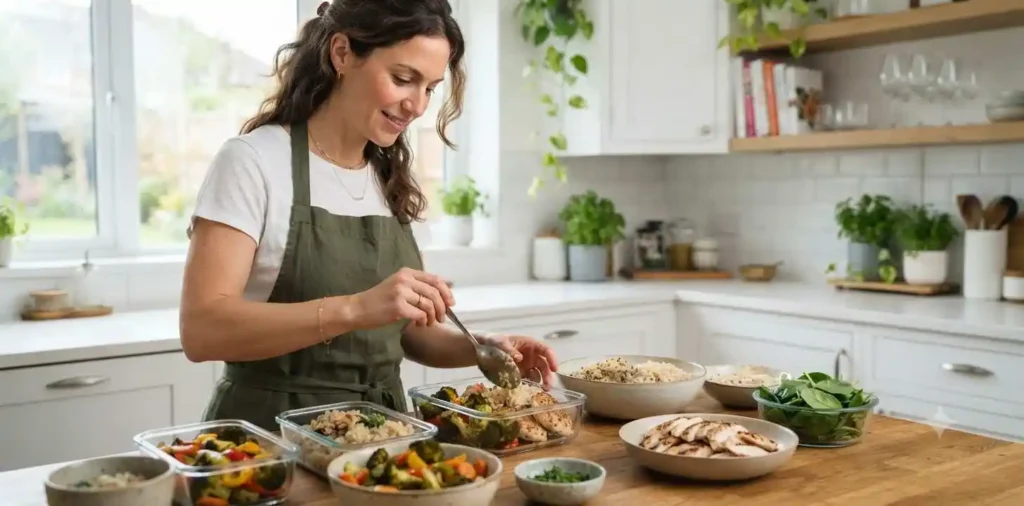 Person preparing colorful healthy meals in kitchen