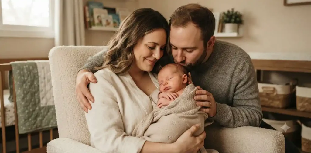 Parents cuddling newborn in nursery