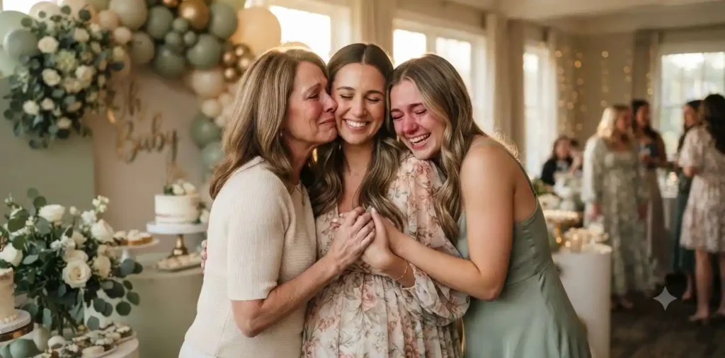 Expecting mother hugging loved ones at baby shower