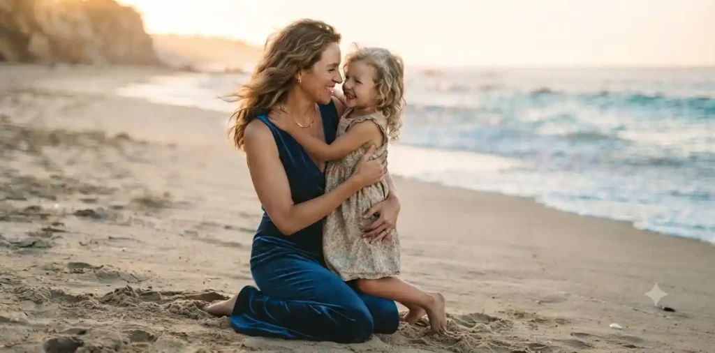 Mother embracing her child at sunrise