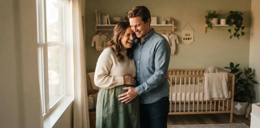 Expecting couple sharing a loving embrace indoors