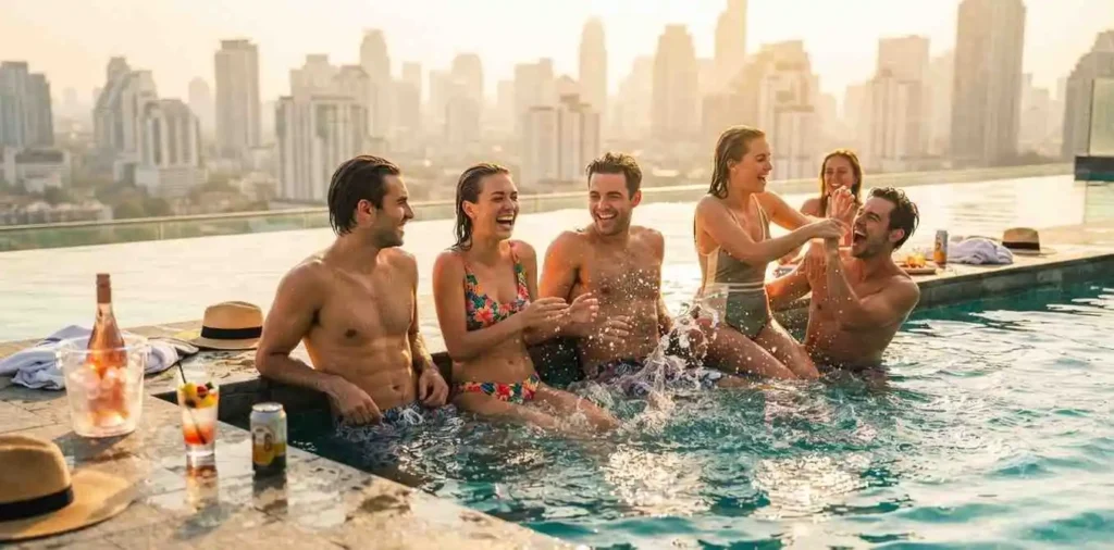 Friends relaxing in pool during hot summer heat