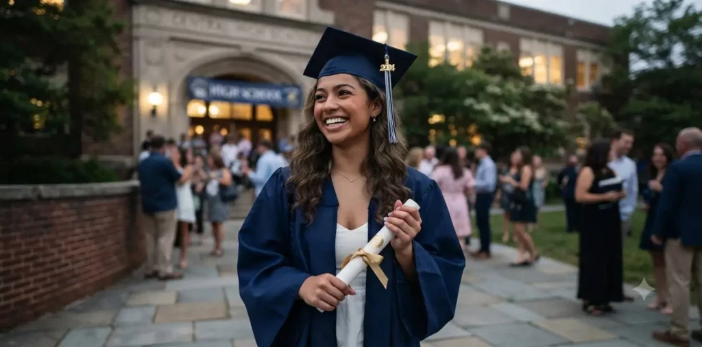 Graduate holding a diploma outside school