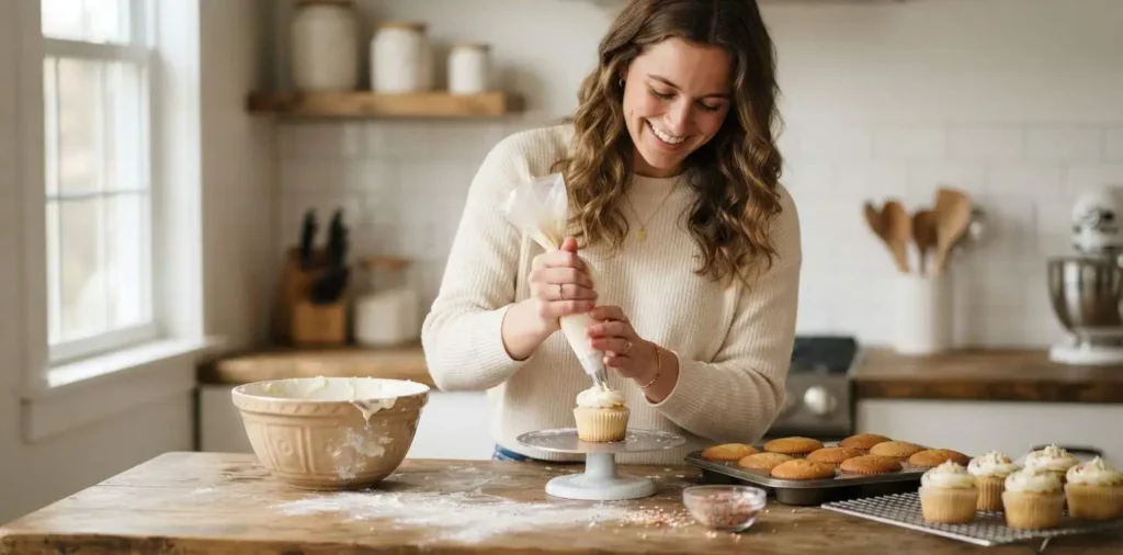 Woman decorating homemade cupcakes
