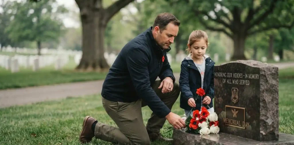 Family placing flowers at military memorial