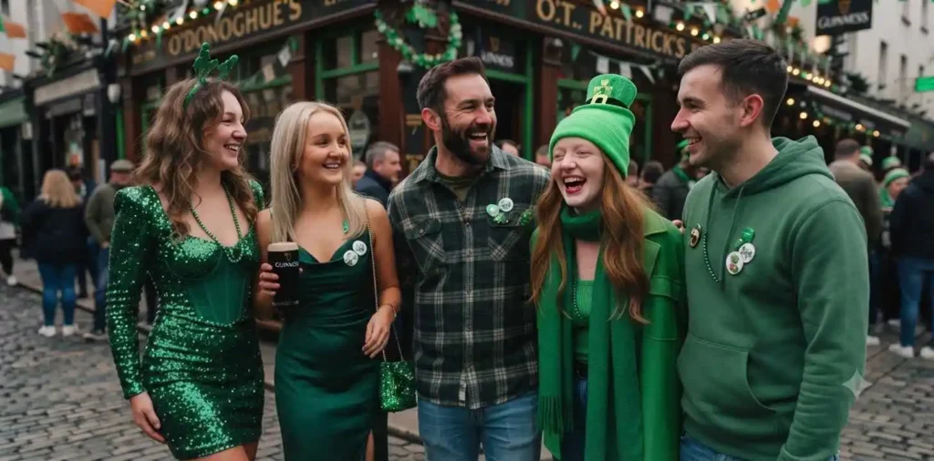 Friends celebrating together in festive green outfits