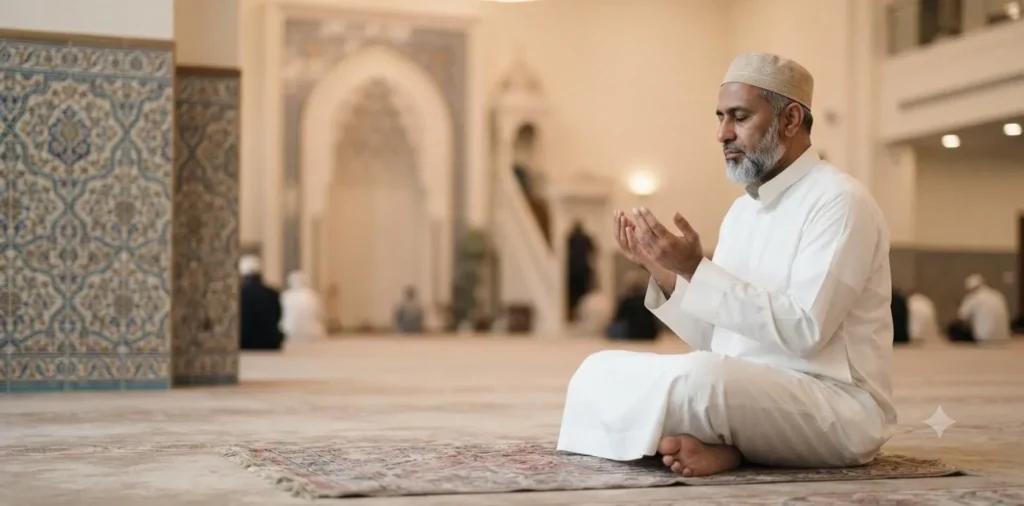 Man praying quietly inside a mosque