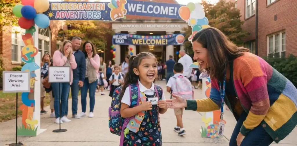 Young child entering kindergarten with backpack