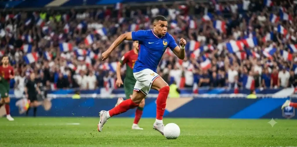 Football fan wearing Mbappé jersey celebrating