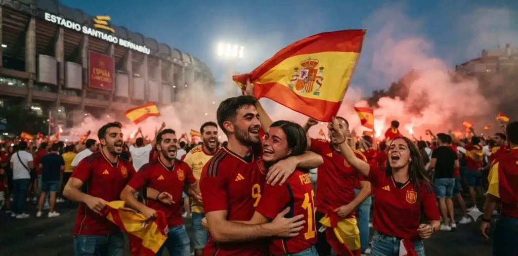 Supporters waving Spanish flags after victory