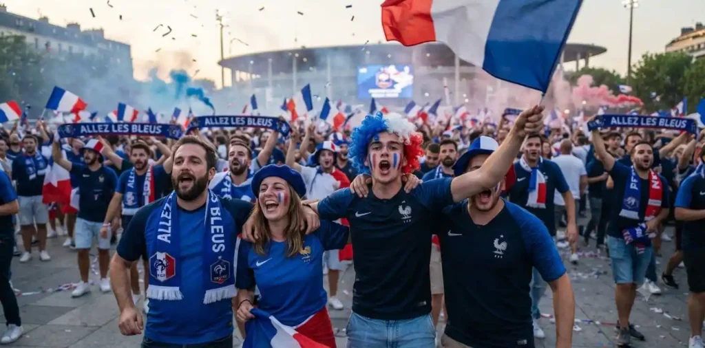 France supporters celebrating outside a football stadium