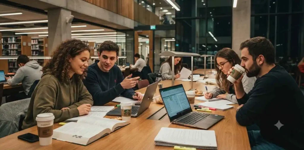 Students studying together inside library
