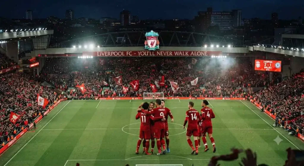 Football supporters celebrating together inside a stadium