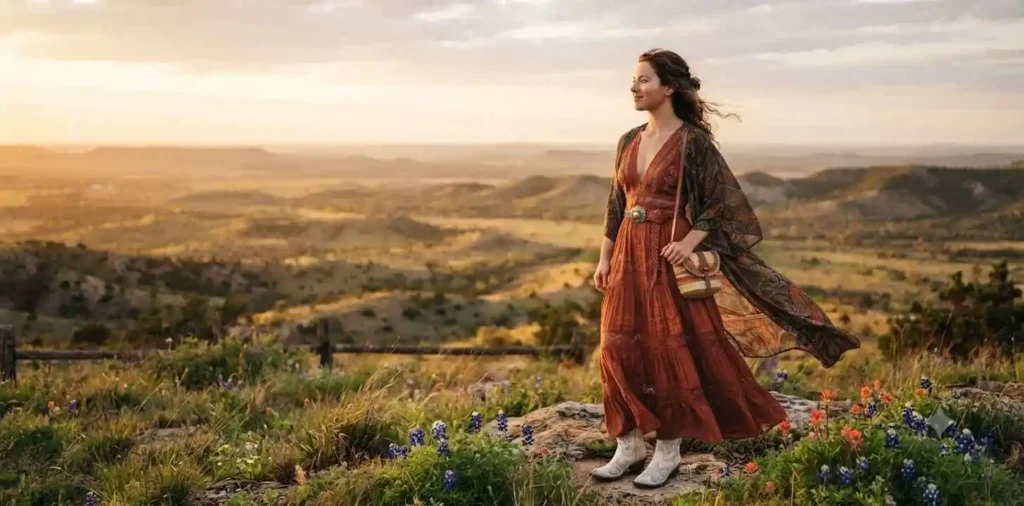 Traveler watching Texas sunset across open fields