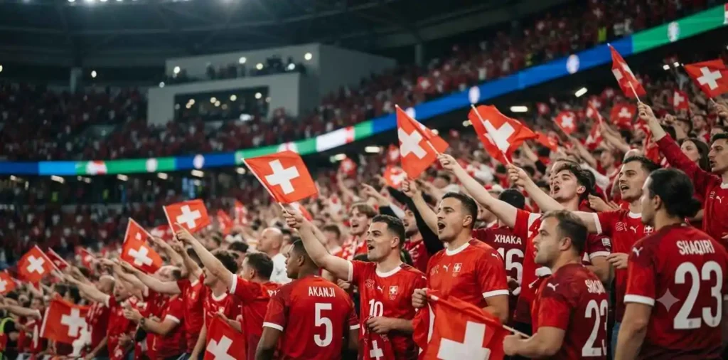 Switzerland fans cheering inside a football stadium