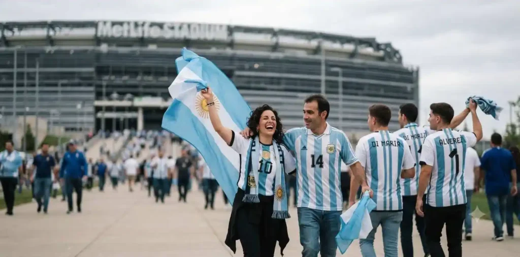 Argentina fans walking toward a football stadium