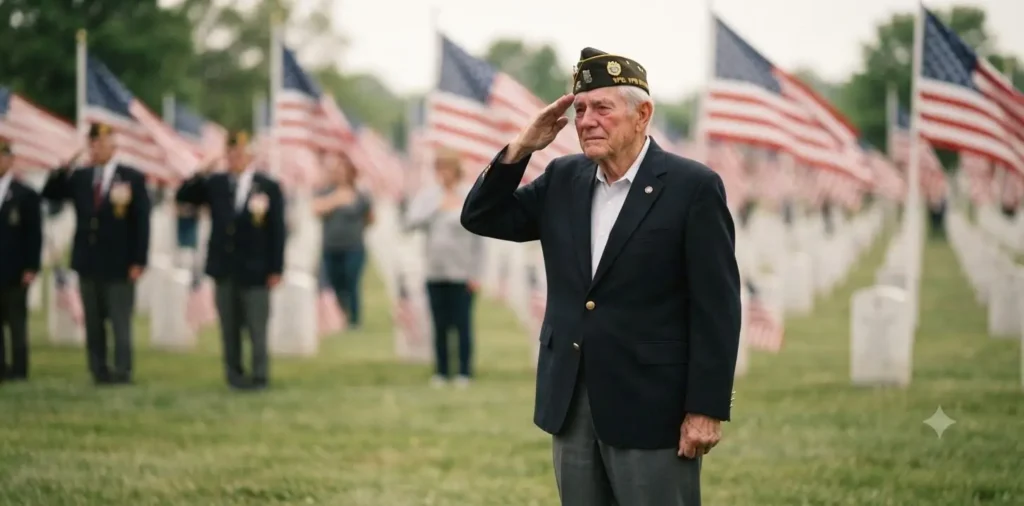 Veteran saluting during remembrance ceremony