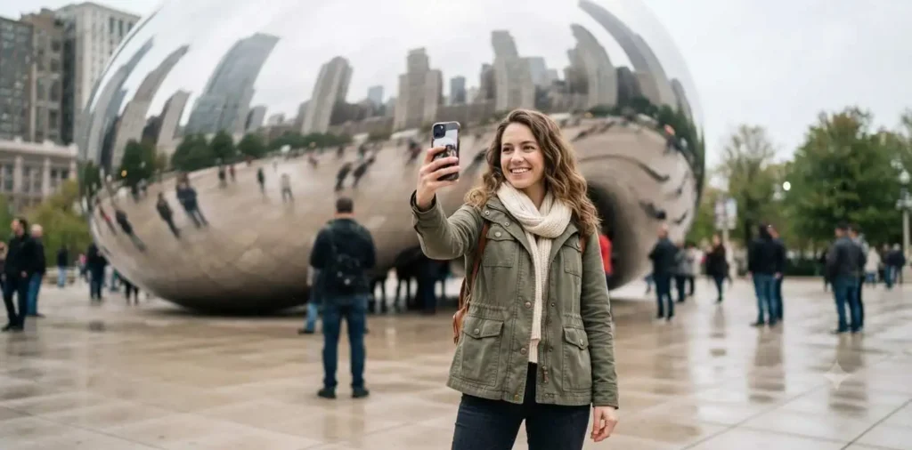 Person taking mirror selfie at Cloud Gate