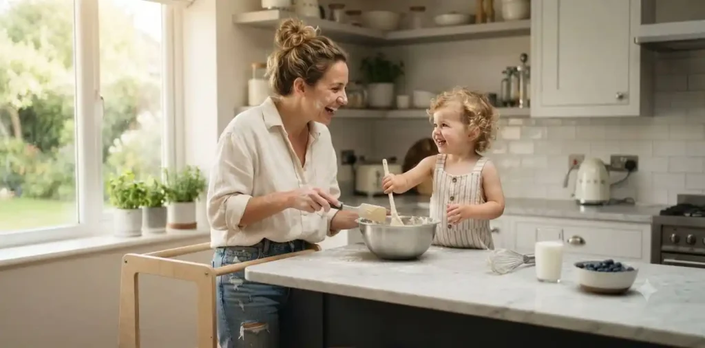 Mother cooking while toddler helps