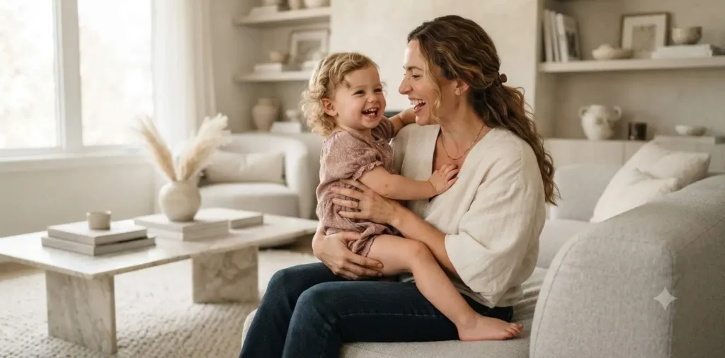 Mother hugging her toddler in a cozy kitchen