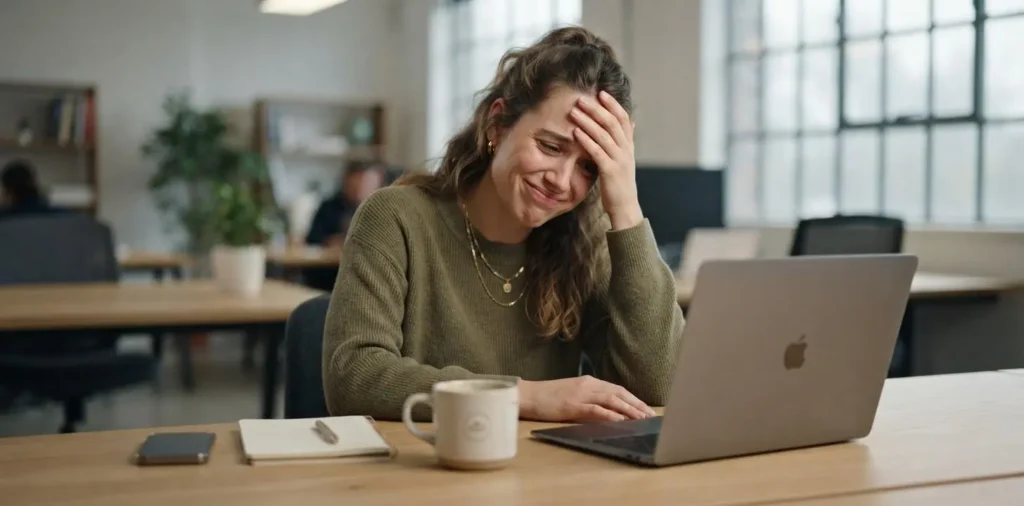 Office worker looking tired beside a laptop